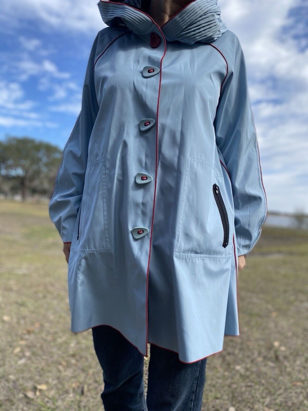 UbU Piped Sky Blue and Black Reversible Parisian Raincoat with Red Trim M NEW